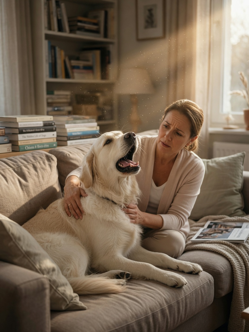 Golden retriever mid-cough on sofa with concerned owner nearby, showing typical honking cough symptom of kennel cough