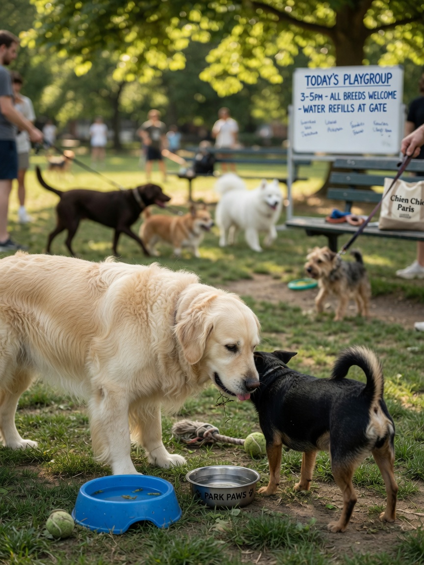 Multiple dogs playing together at a dog park, showing common kennel cough transmission environment