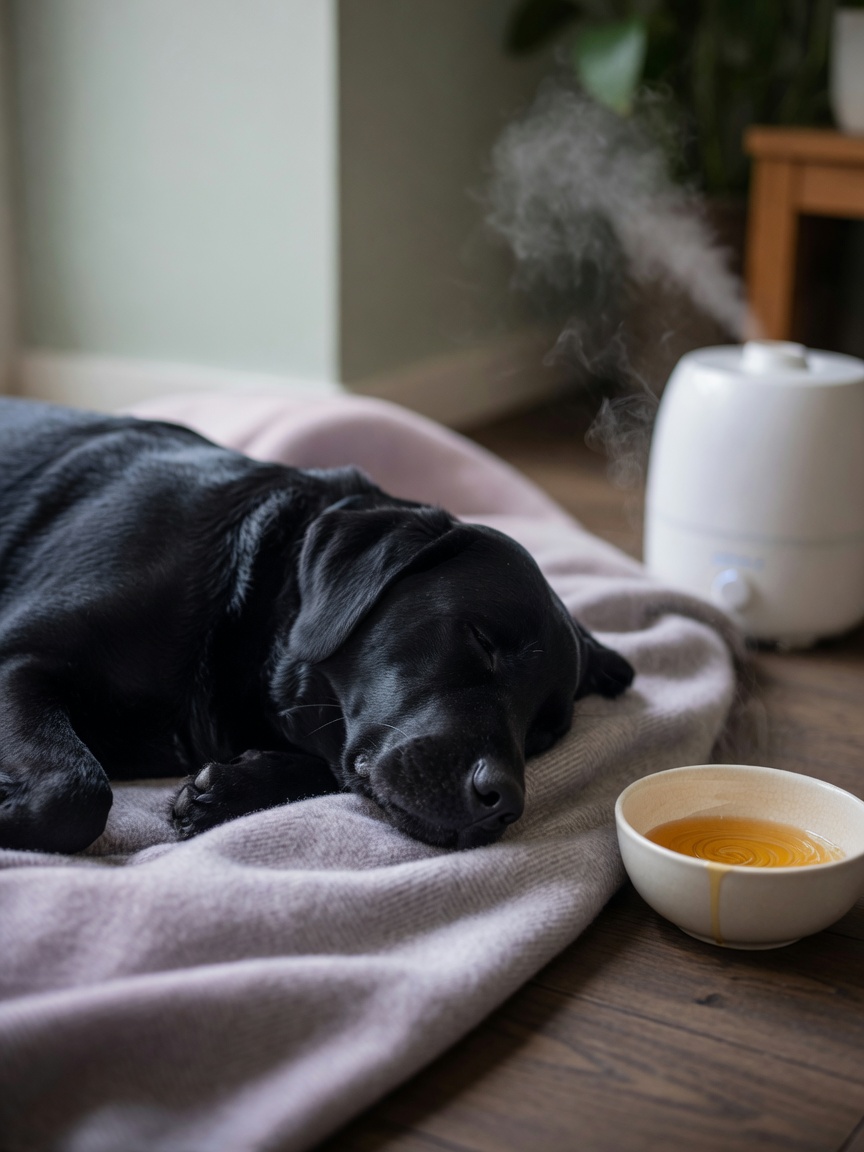Resting dog with honey and humidifier showing supportive home care for kennel cough recovery