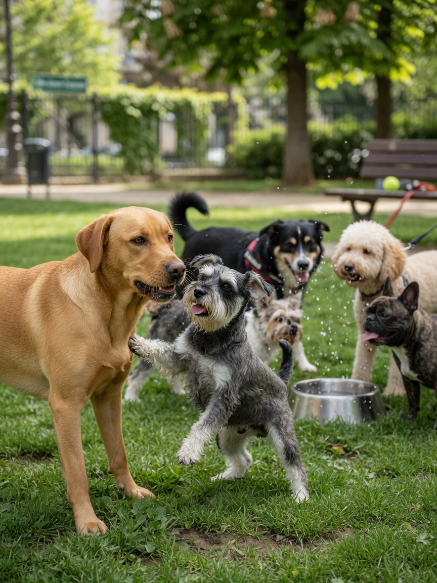Multiple dogs playing together at a dog park, sharing water bowl, demonstrating how kennel cough spreads