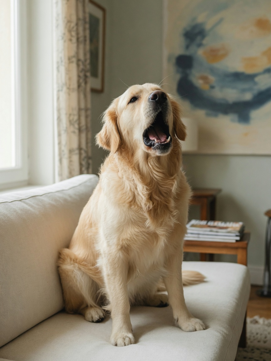 Golden Retriever demonstrating kennel cough symptoms with a harsh dry cough
