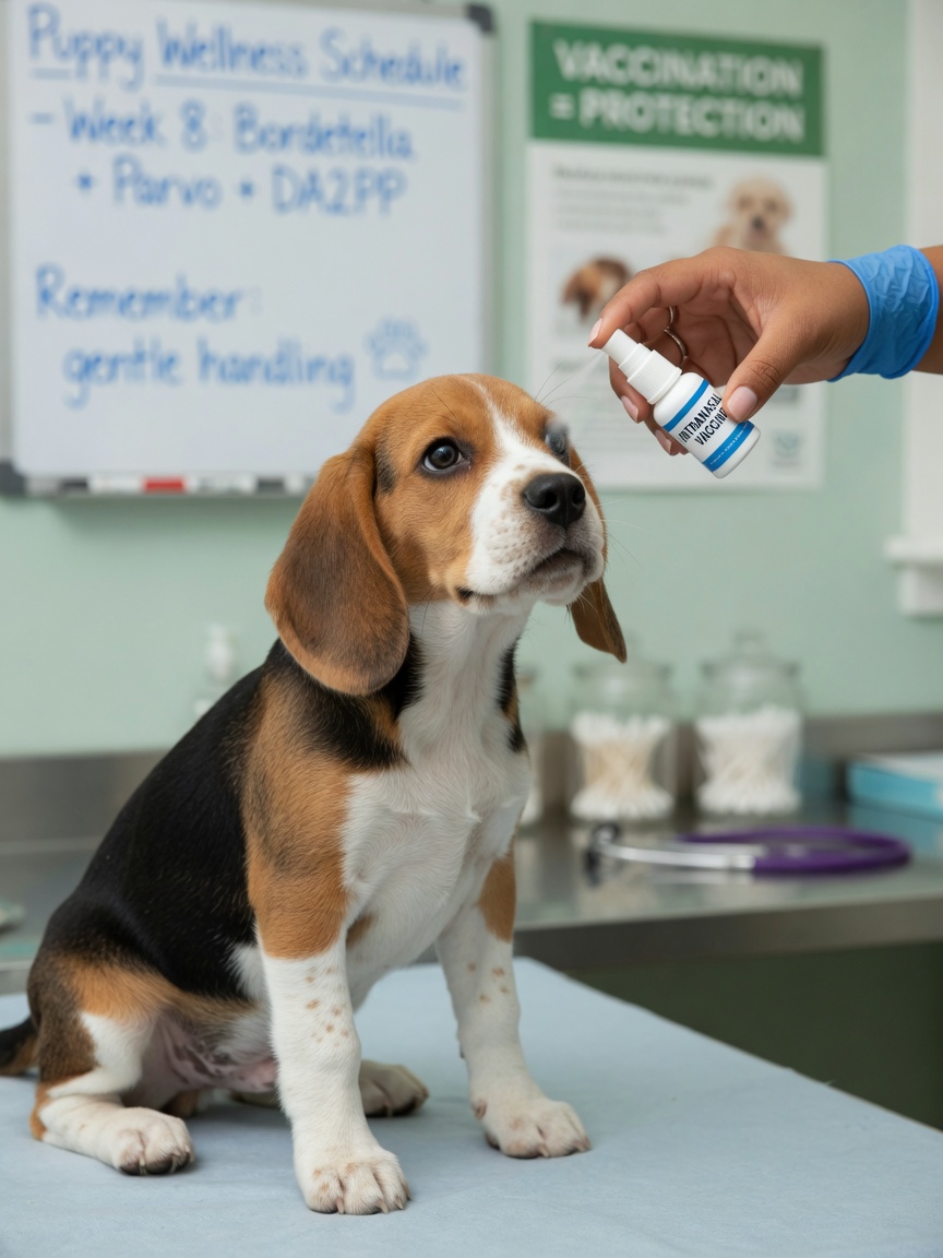 Veterinarian administering Bordetella vaccine via nasal spray to a young Beagle