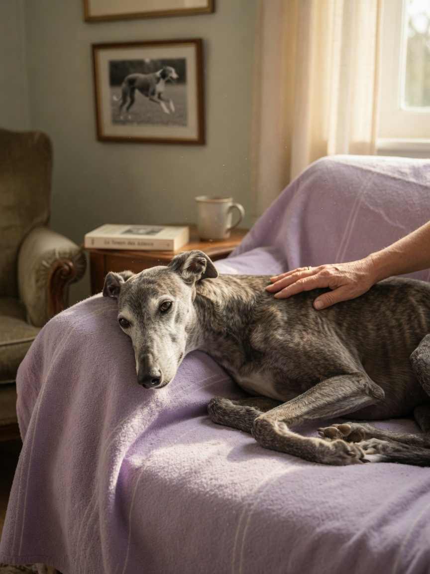 Elderly dog resting peacefully with owner's comforting hand on soft blanket