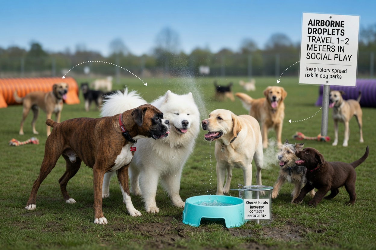 Multiple dogs playing and interacting at a dog park with shared water bowls, showing high-risk transmission environments