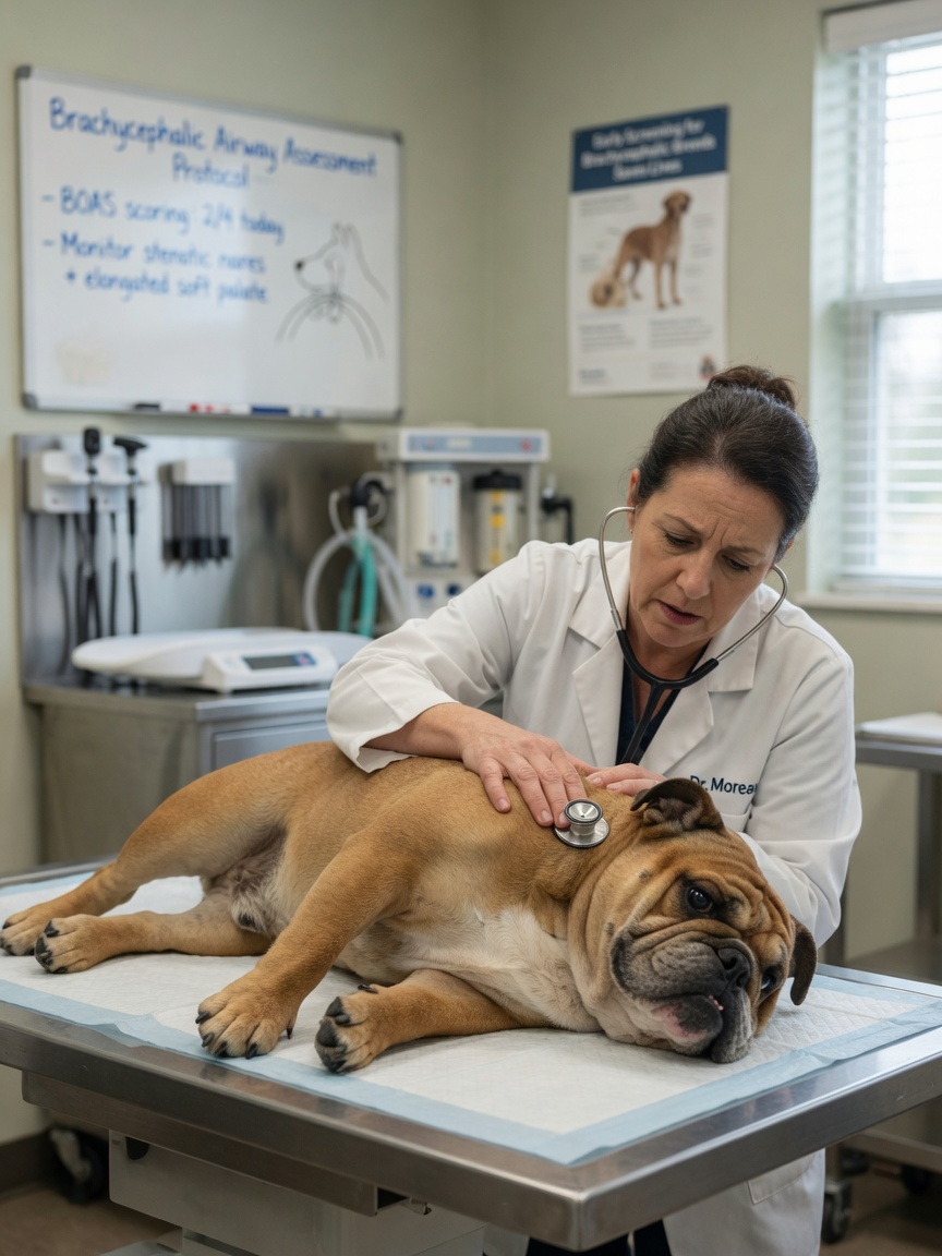 A veterinarian listening to a brachycephalic breed dog's chest with a stethoscope during respiratory assessment