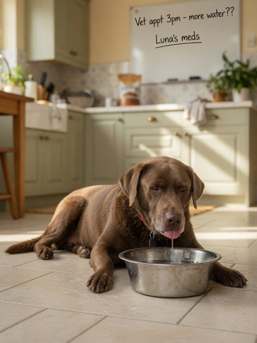 Senior dog drinking from water bowl showing increased thirst, an early sign of kidney disease