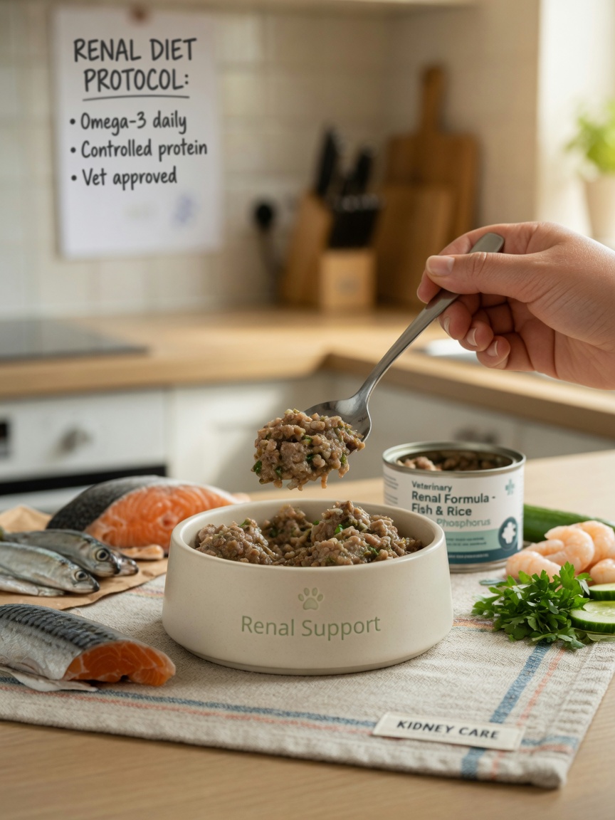 Specialized renal diet meal being prepared for a dog with kidney disease, showing high-quality wet food and nutritious ingredients