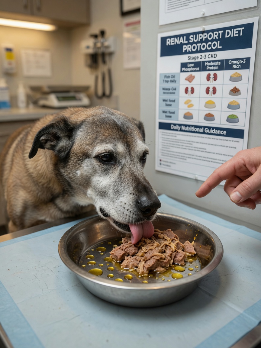 Senior dog eating specialized wet renal diet food at vet clinic with veterinarian's guidance visible in background
