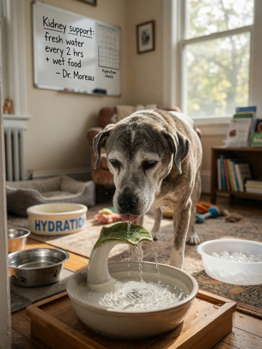 Senior dog drinking from a pet water fountain with multiple water bowls positioned throughout the home for easy hydration access
