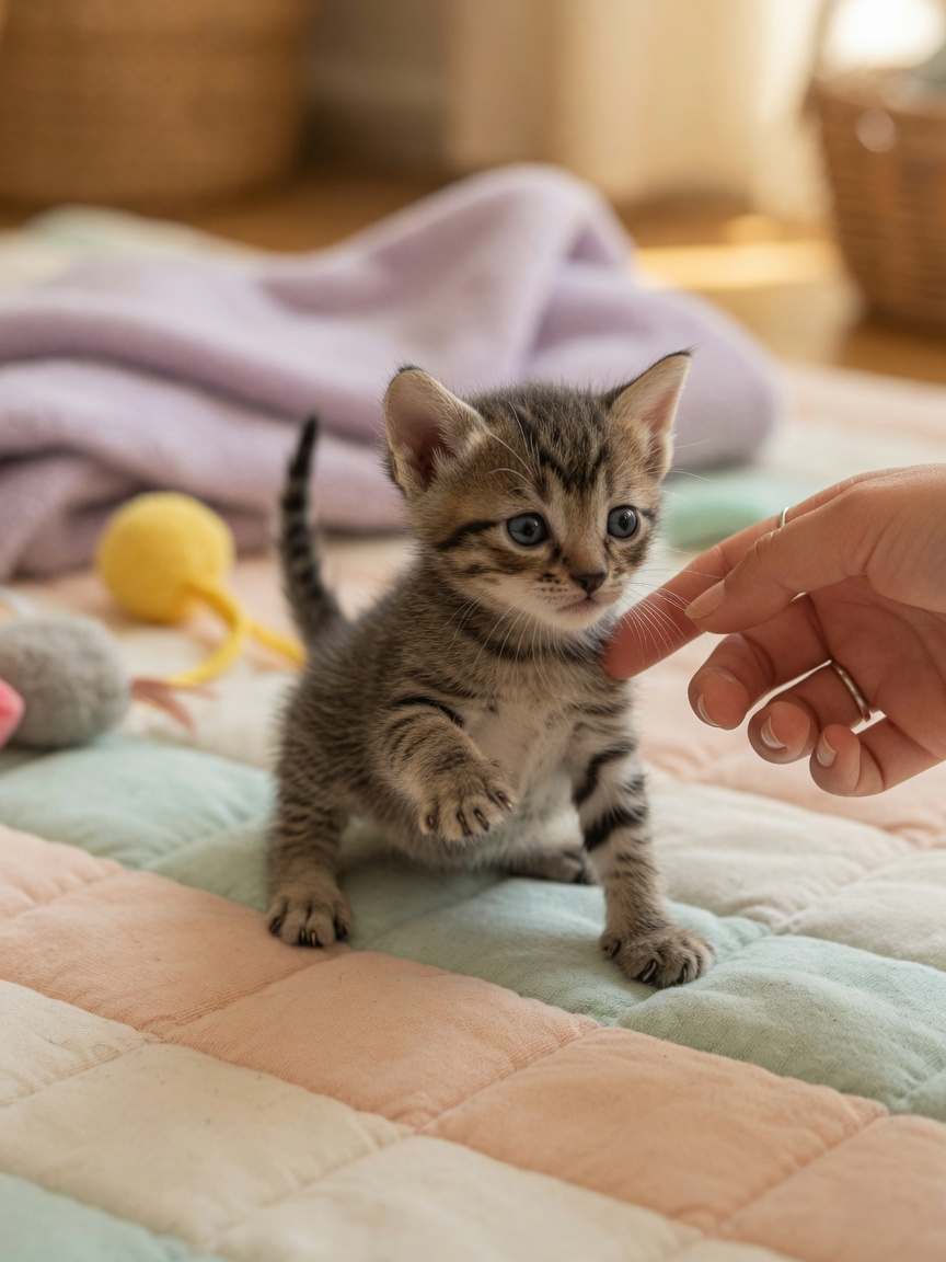 Three-week-old kitten taking wobbly first steps with human hand gently nearby during socialization