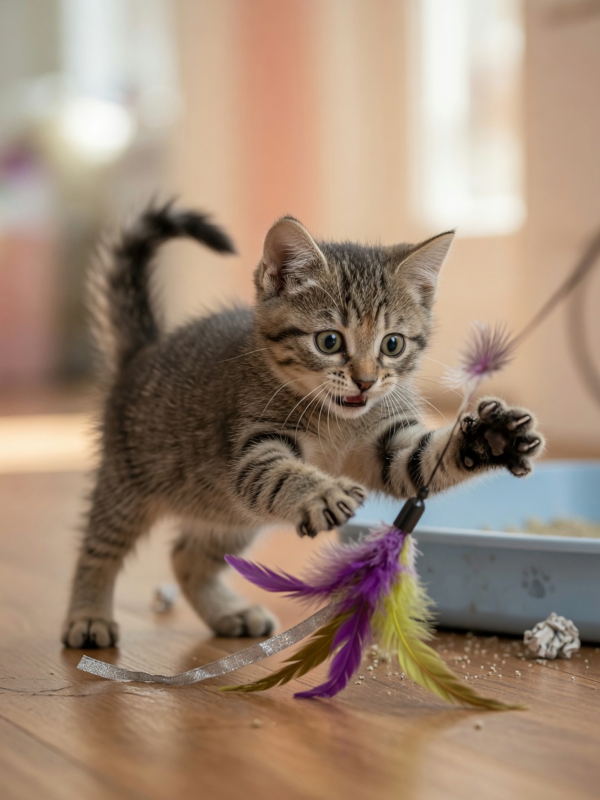 Eight-week-old kitten mid-pounce attacking a feather toy during crucial predatory play development
