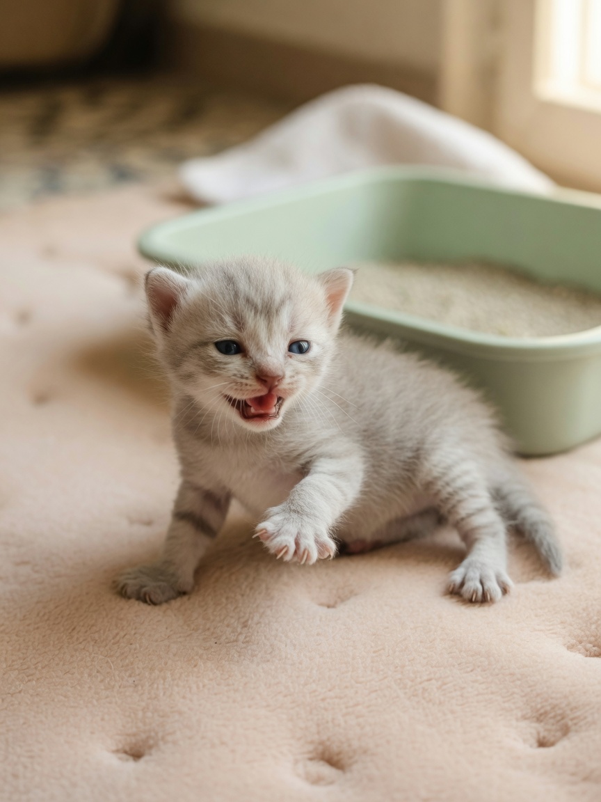 Three-week-old kitten with open eyes and ears taking first wobbly steps near a shallow litter tray