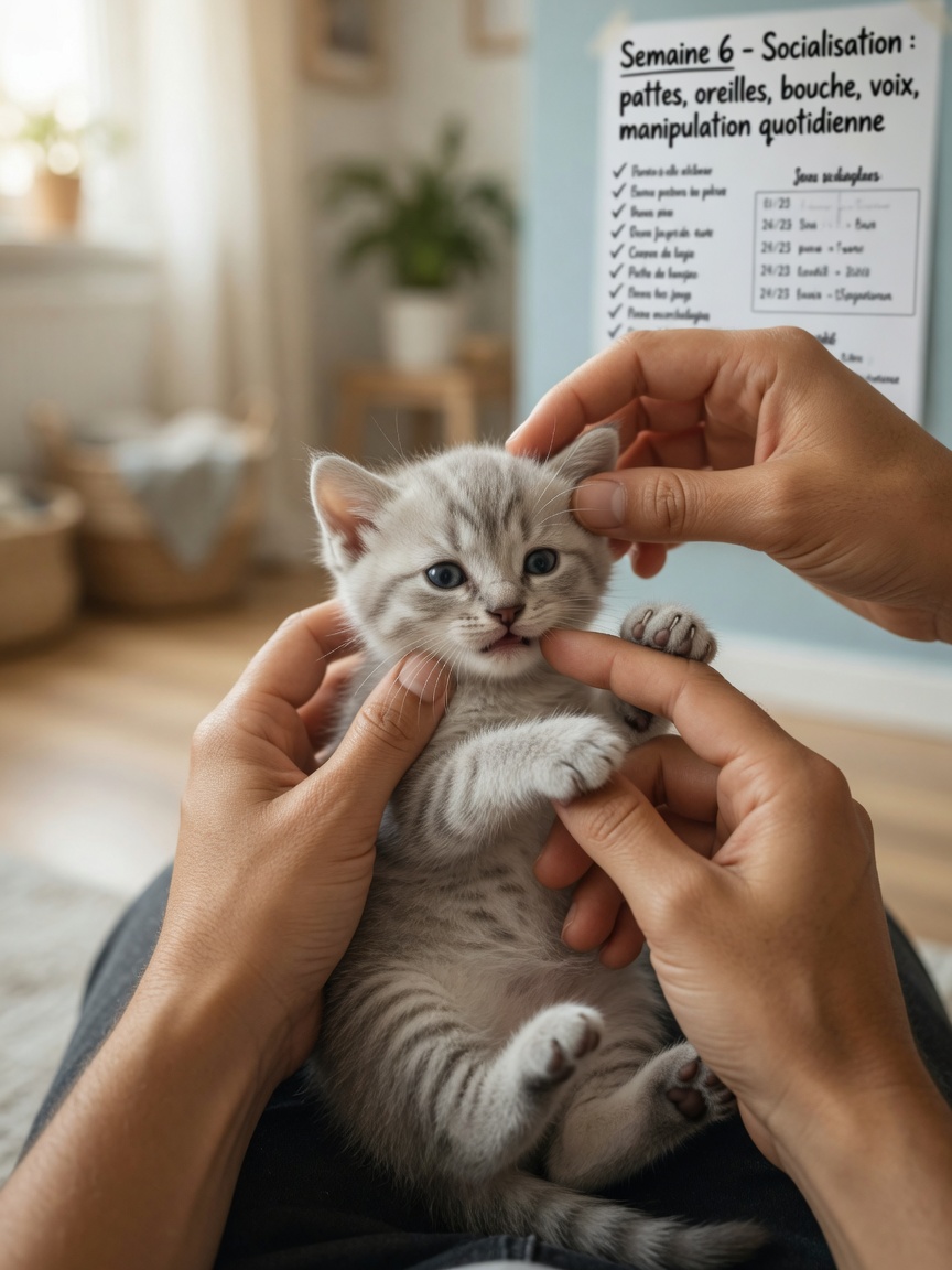 Kitten during critical socialisation period being gently examined and handled by human hands at ears, paws and mouth