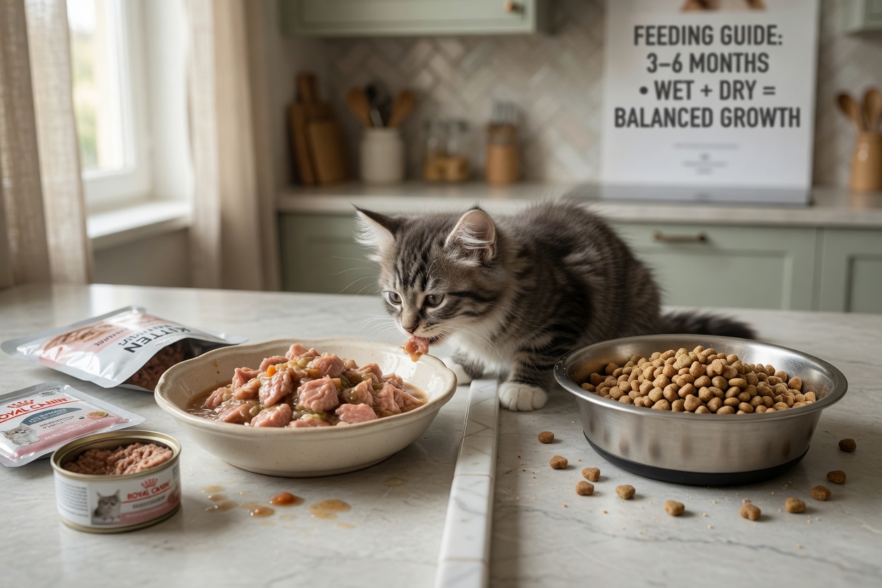 Kitten with both wet food and dry kibble bowls showing feeding options
