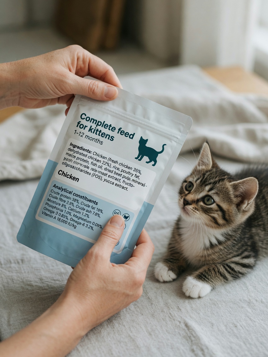 Owner's hands holding a kitten food package showing ingredient list and labelling with attentive kitten nearby