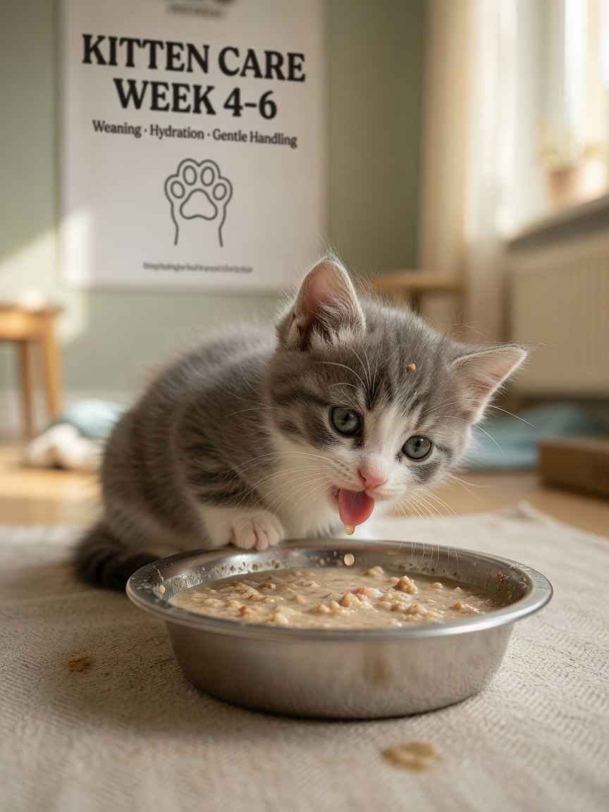 Very young kitten lapping gruel from a shallow dish during weaning stage