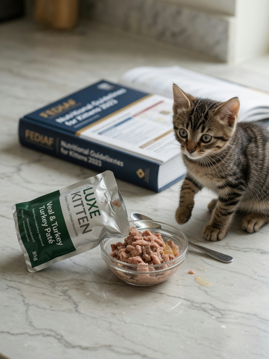 Premium kitten wet food with fresh portion in bowl and healthy kitten nearby, emphasizing taurine-rich nutrition