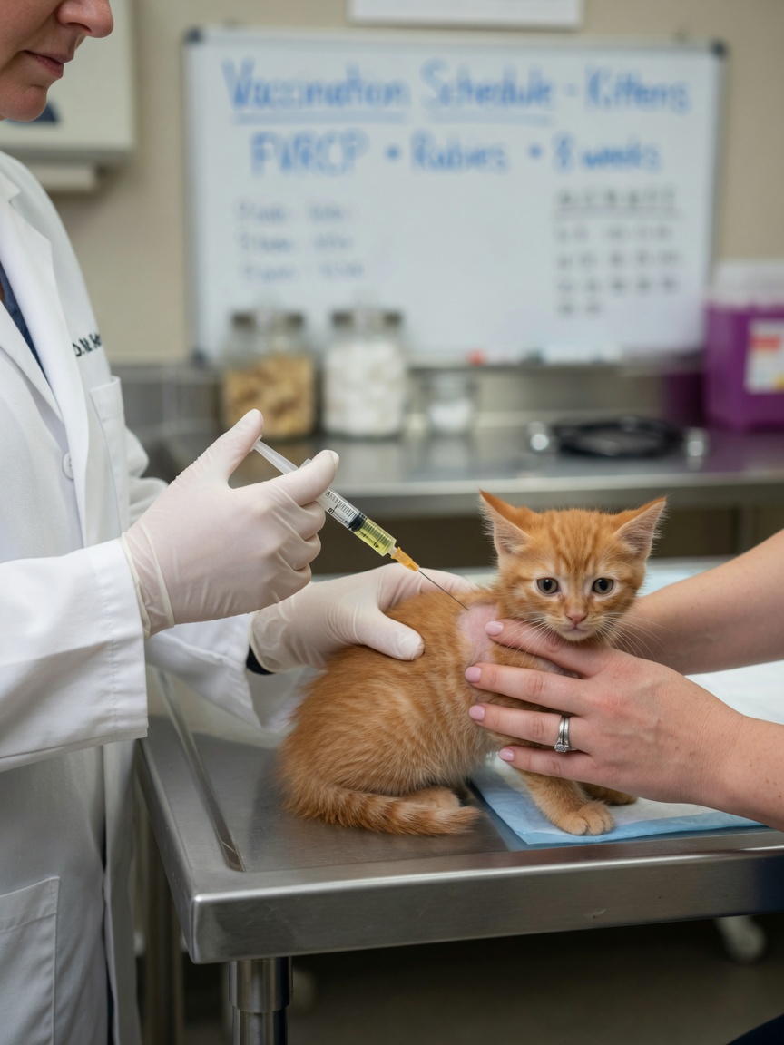 A veterinarian preparing a vaccination injection while gently holding a small ginger kitten on an examination table, with an owner's hands supporting the kitten.
