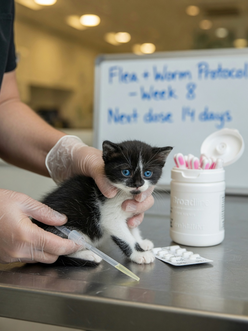 A veterinarian holding a black and white kitten on an examination table with flea and worm treatment supplies nearby, demonstrating parasite treatment care.