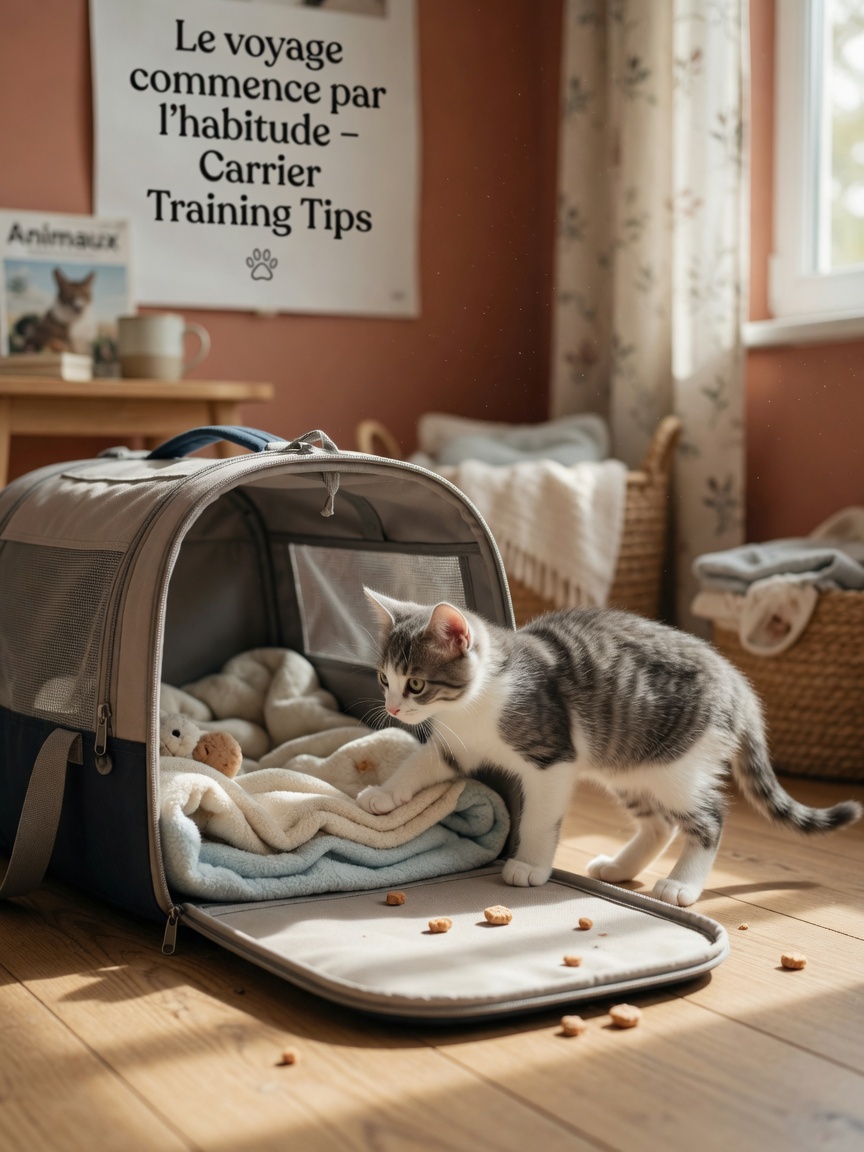 Young kitten voluntarily exploring and entering an open pet carrier lined with soft blankets, demonstrating successful carrier acclimation