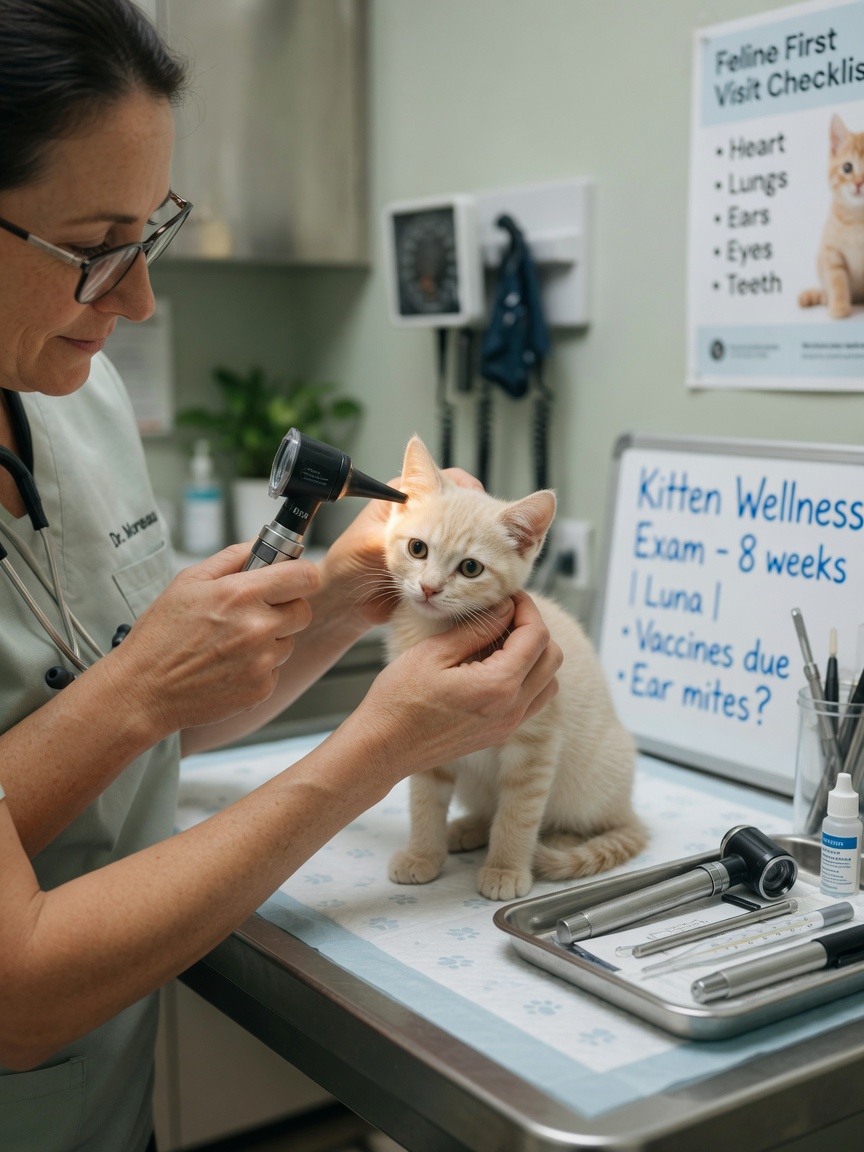 Veterinarian performing a detailed ear examination on a cream-colored kitten using an otoscope during a comprehensive first wellness visit