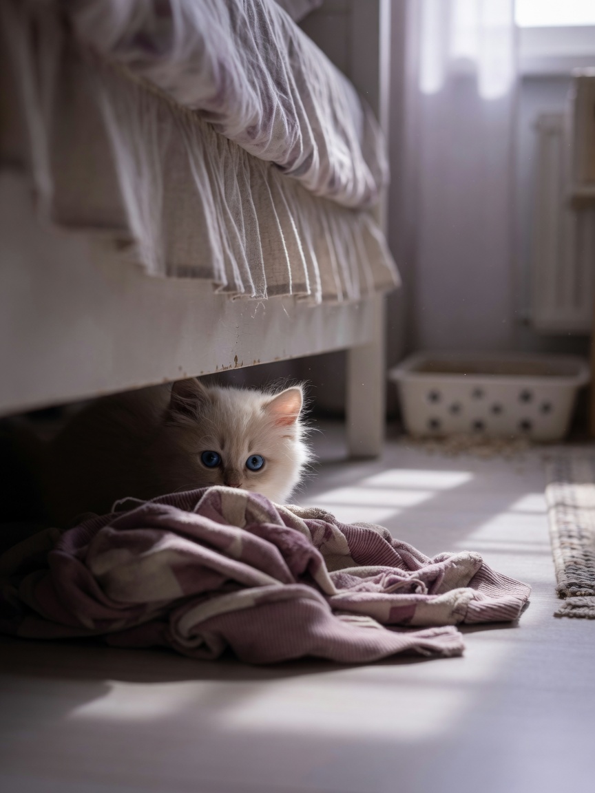 Kitten hiding under a bed during the hiding phase on days 2-3