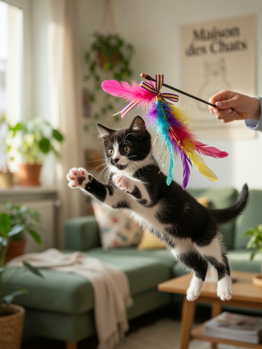 Kitten playing with a wand toy showing curiosity and engagement