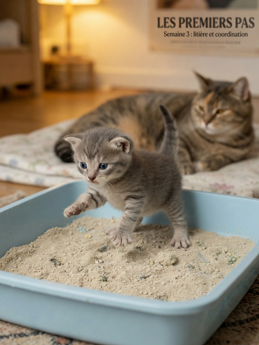 Three-week-old kitten learning to use a shallow litter tray with wobbly gait