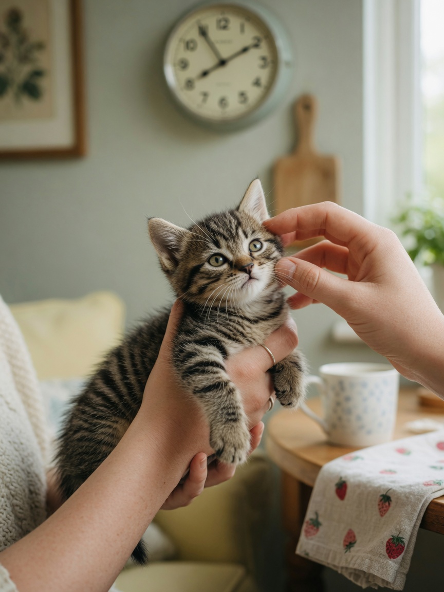 Young kitten being gently handled by human hands during the critical socialization period