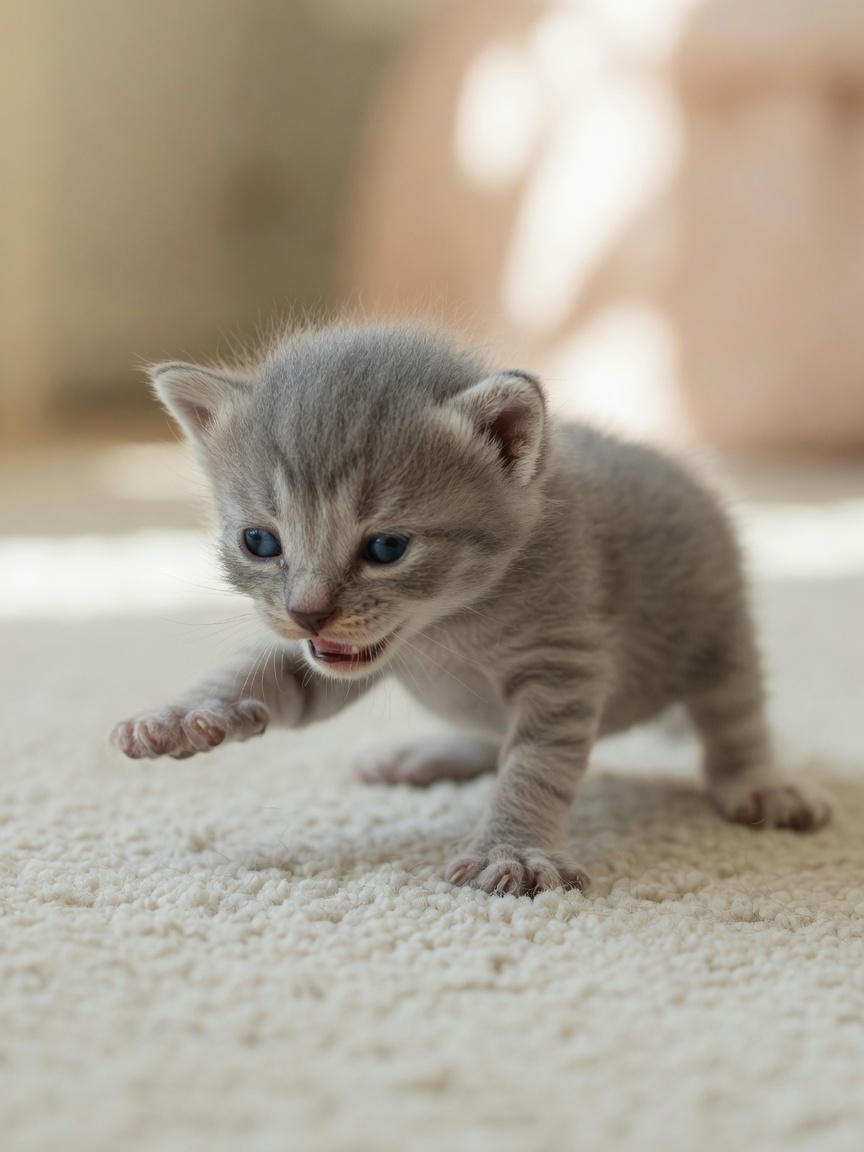 Kitten at three weeks old taking first unsteady steps with newly opening eyes