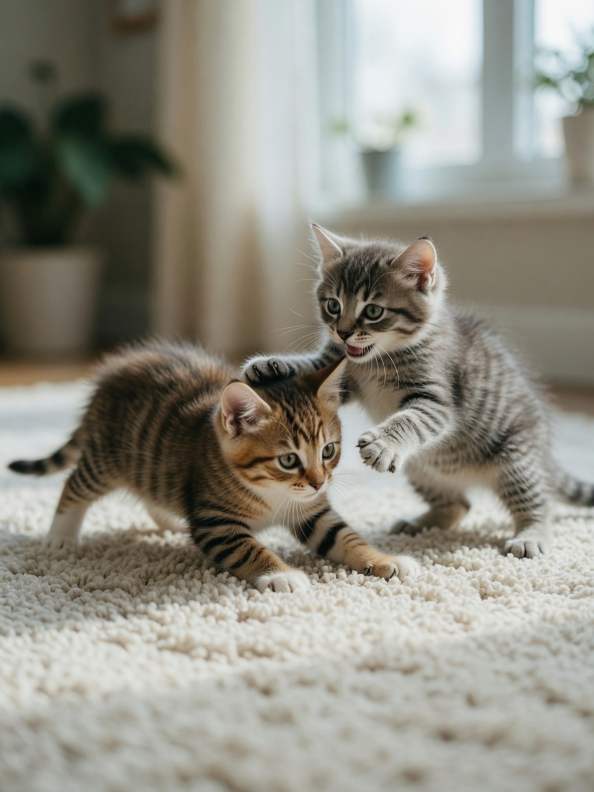 Two kittens at five to six weeks playing and wrestling with improved motor skills