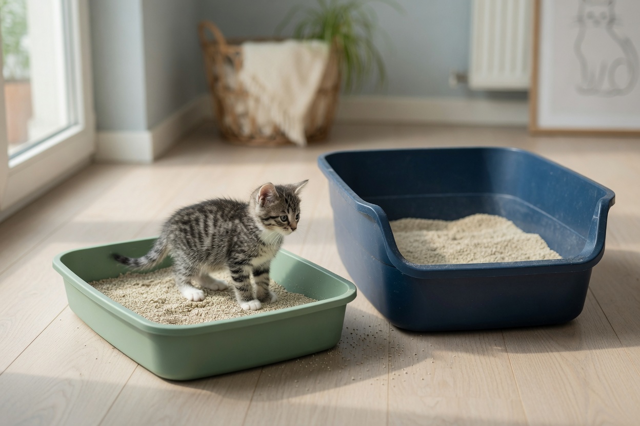 Two litter boxes side by side with a kitten comfortably using the appropriately-sized one