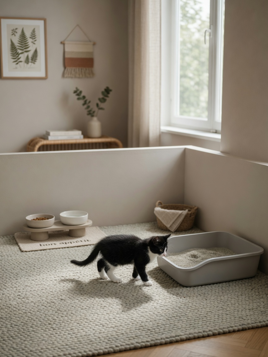 A kitten approaching a litter box in a quiet, low-traffic corner away from food and water bowls