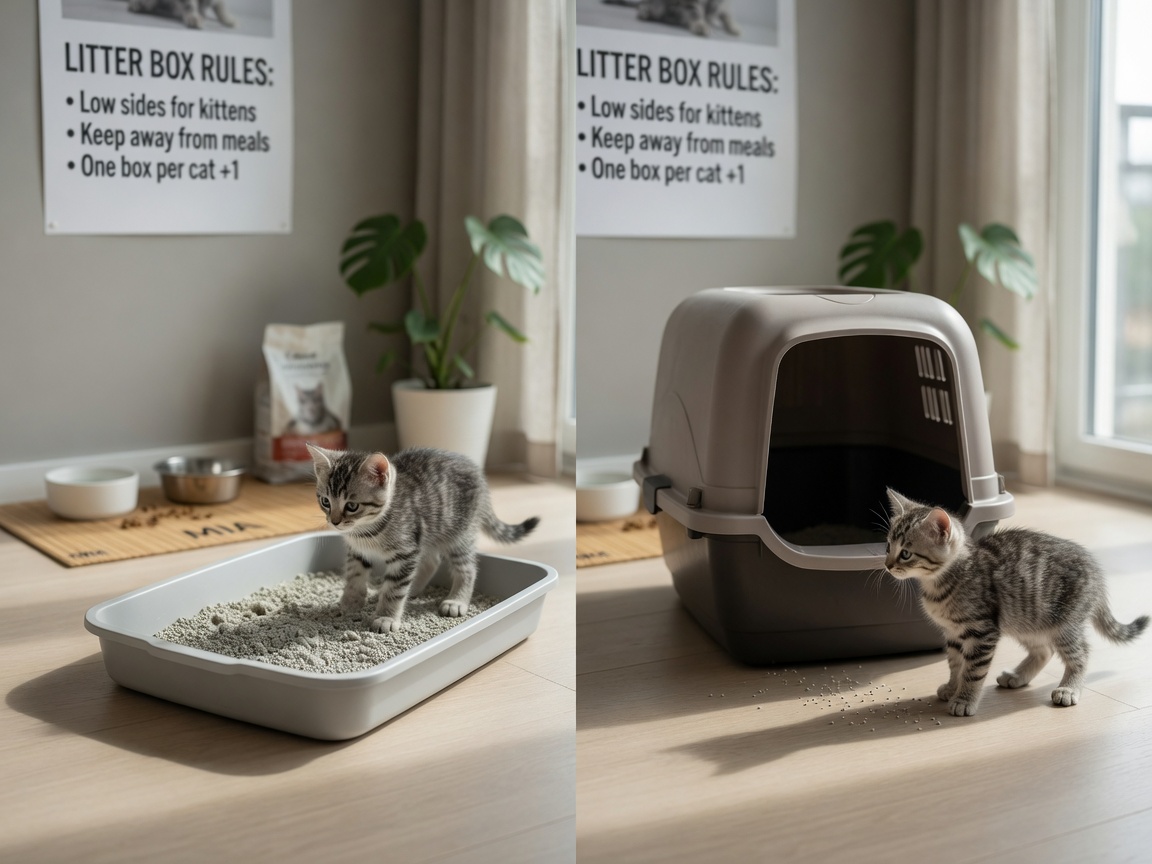 Bandeja de arena para gatitos de lados bajos junto a una bandeja cubierta de tamaño completo mostrando la diferencia de tamaño