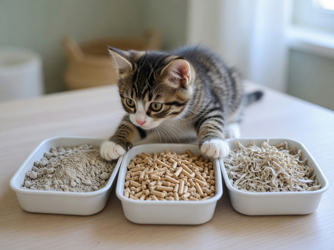 Gatito investiga diferentes tipos de sustratos de arena para mostrar exploración de preferencia de sustrato
