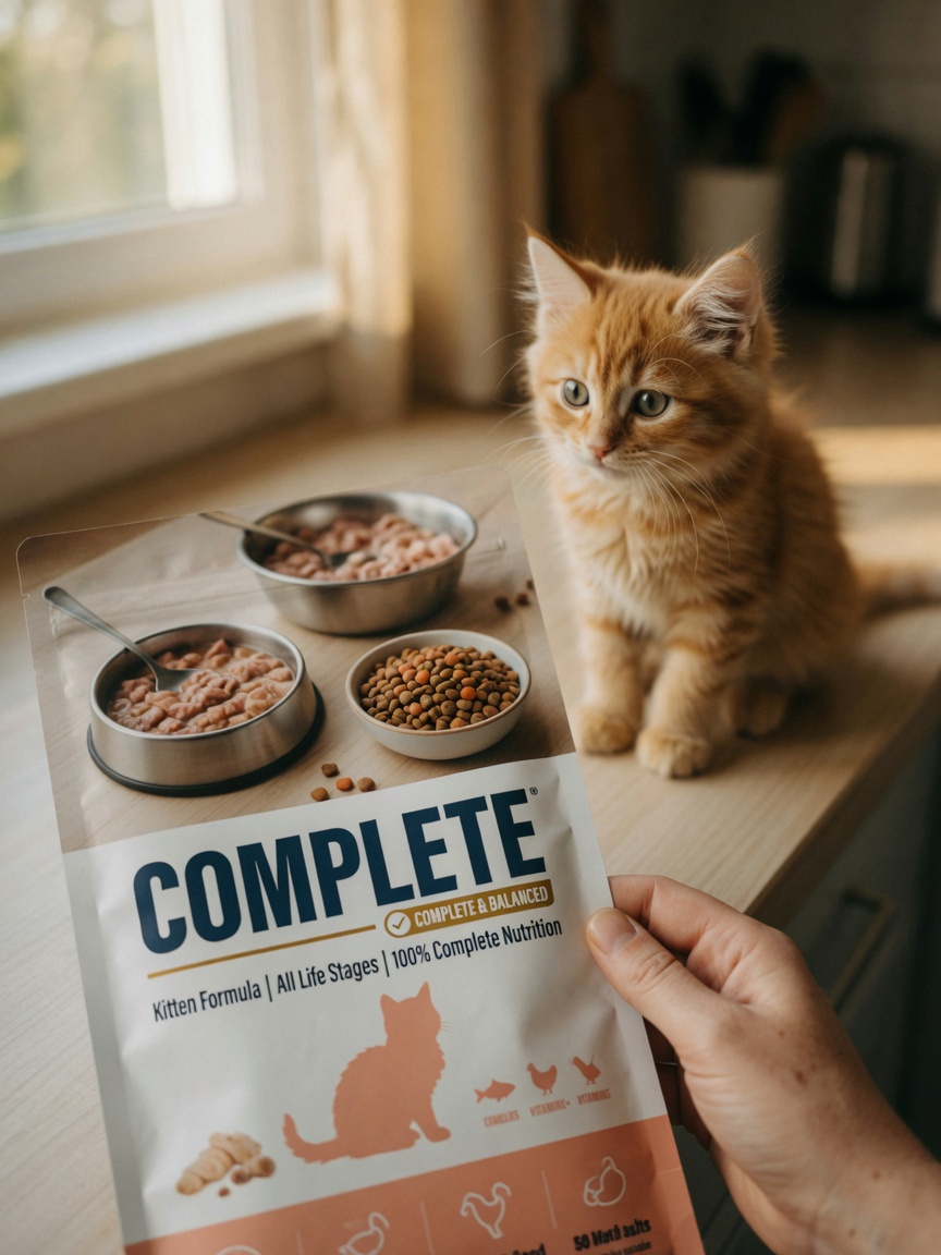 Hand holding kitten food package labeled 'complete' with attentive kitten in background