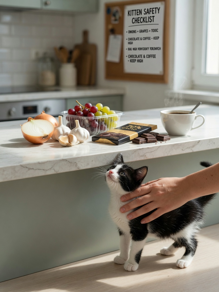 Kitten being guided away from dangerous foods on a kitchen counter including onions, grapes, and chocolate