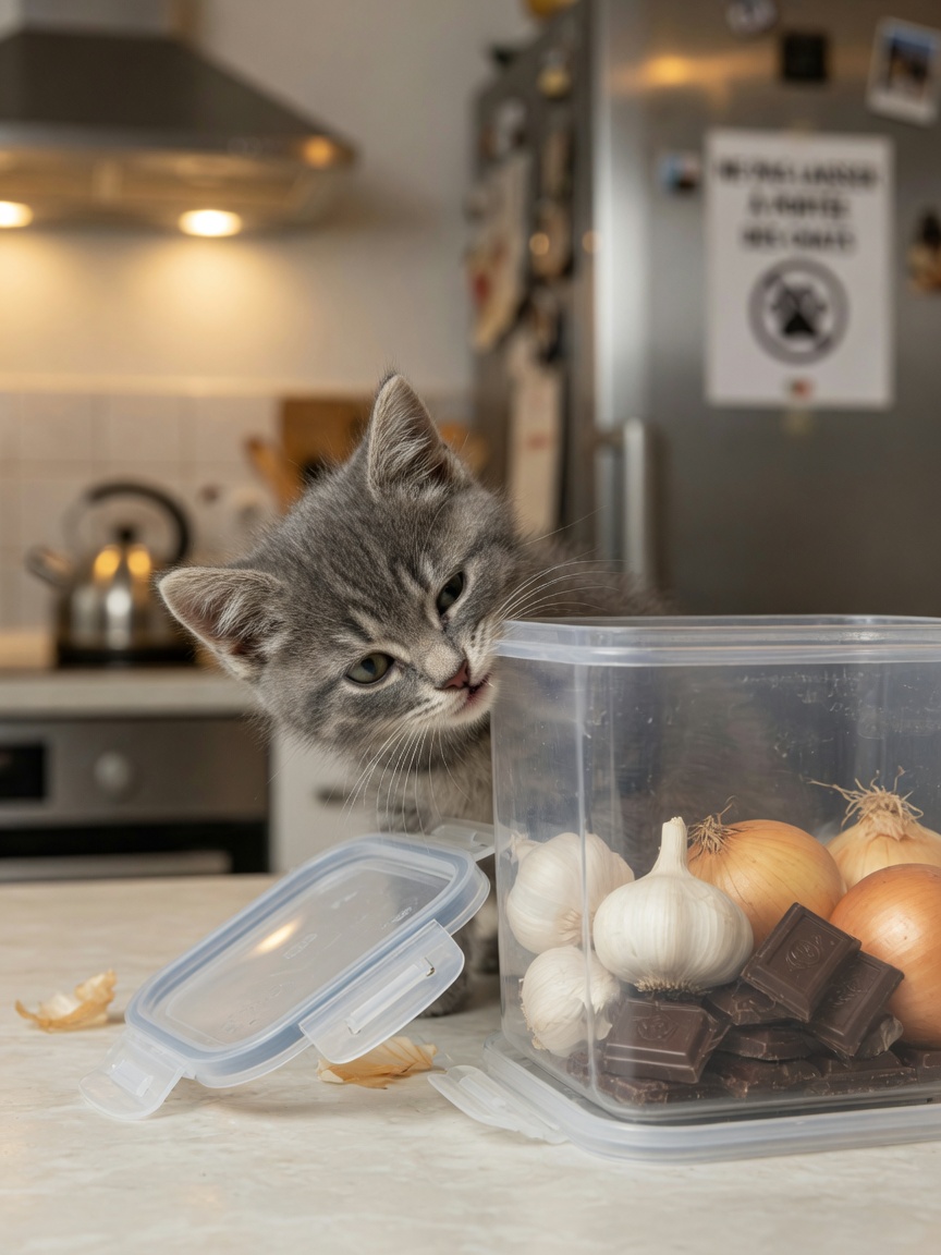 Gray kitten peering at a clear storage container filled with toxic foods like onions, garlic, and chocolate on a kitchen counter