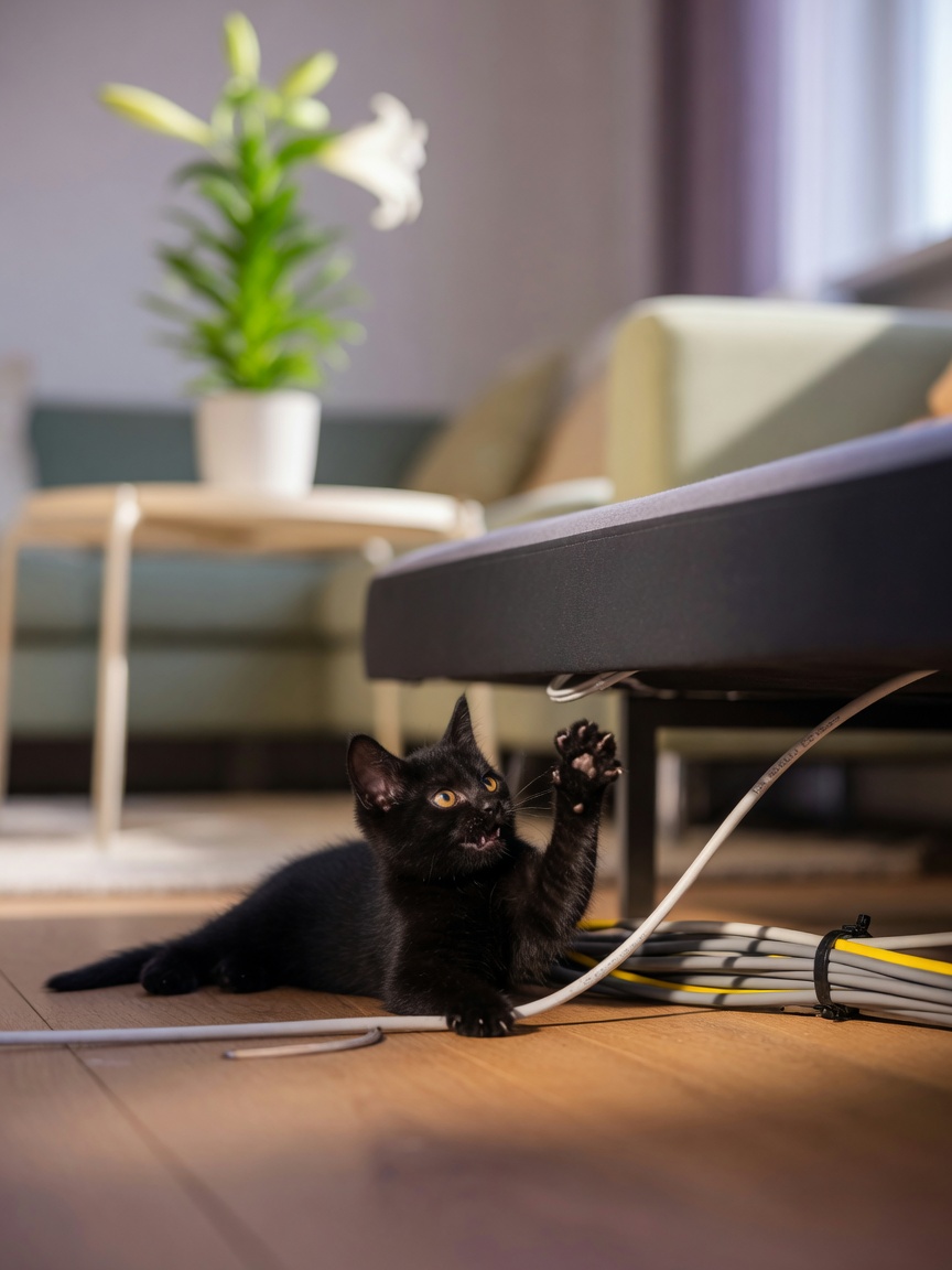 Black kitten with amber eyes batting at an exposed electrical cable under a sofa, with protective cable tubing visible nearby