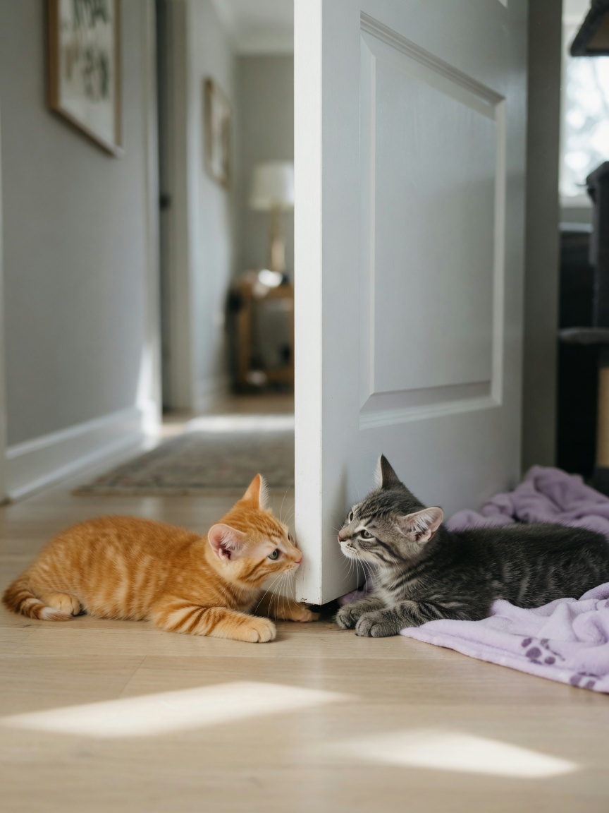 Two kittens sniffing each other under a closed door during safe, gradual introduction phase