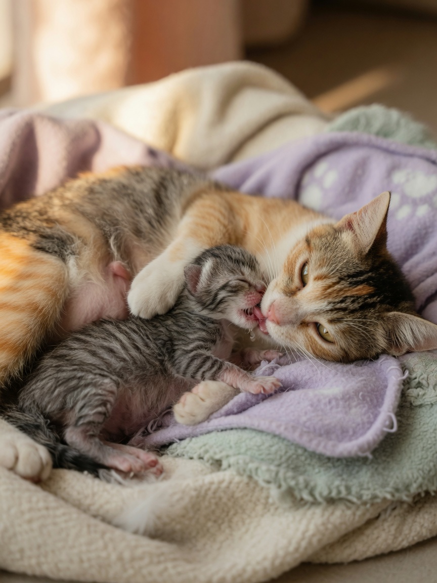 Un gattino neonato che allatta dalla madre in un nido di coperta morbida, illustrando il trasferimento di anticorpi materni