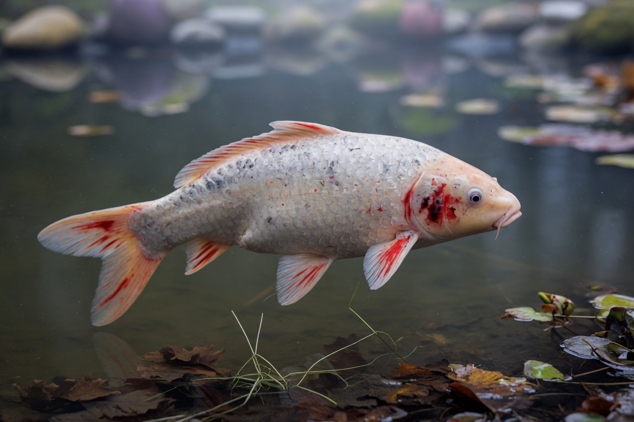 Koi fish showing signs of spring viraemia including red streaking on fins, abdominal swelling, and blood-spotted gills