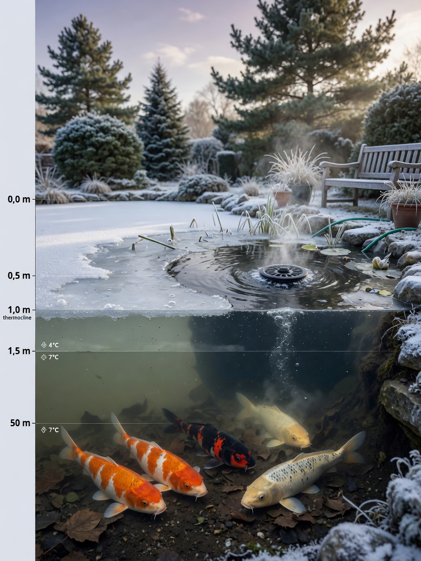 Diagrama de sección transversal de un estanque profundo de koi mostrando condiciones invernales con capa de hielo en la superficie, zona de aireador libre de hielo, y koi descansando en el fondo en agua sin congelar