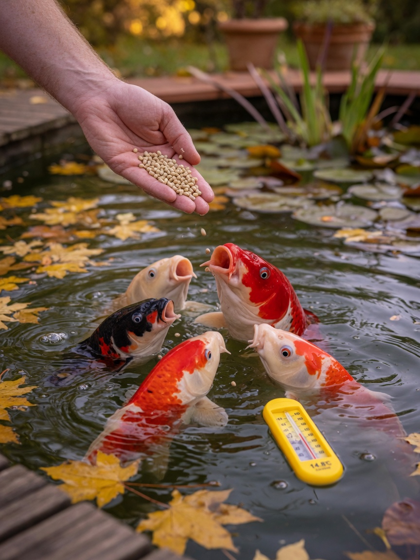 Aficionado a koi alimentando a mano peces koi con pellets de germen de trigo durante el otoño mientras la temperatura del agua baja, con termómetro visible mostrando transición estacional