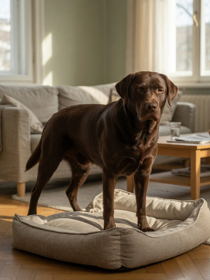A chocolate Labrador showing signs of hip dysplasia, limping with weight shifted away from a rear leg in a home setting