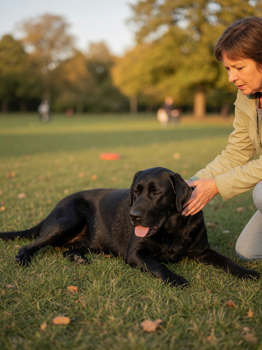 A black Labrador Retriever resting on grass after exercise, showing signs of fatigue with a handler nearby
