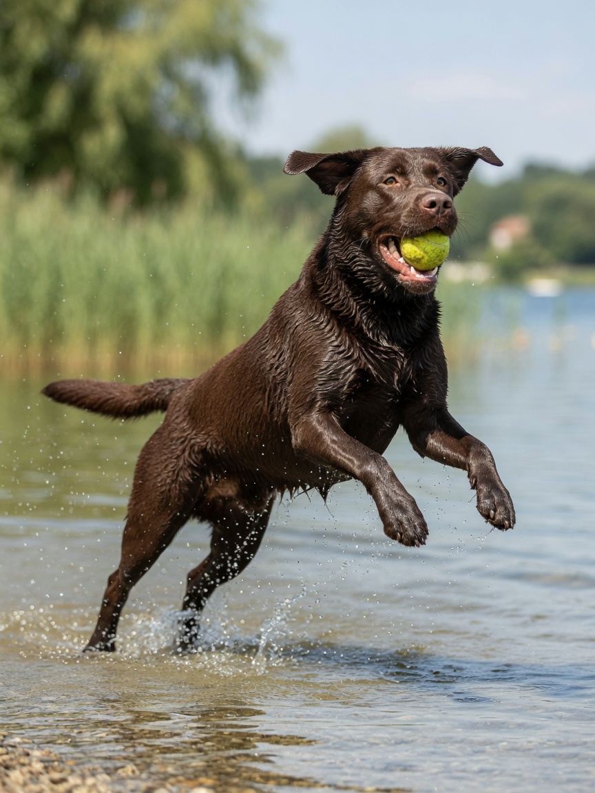 Labrador Retriever chocolate saltando en el agua durante ejercicio de búsqueda, mostrando construcción atlética y alta energía