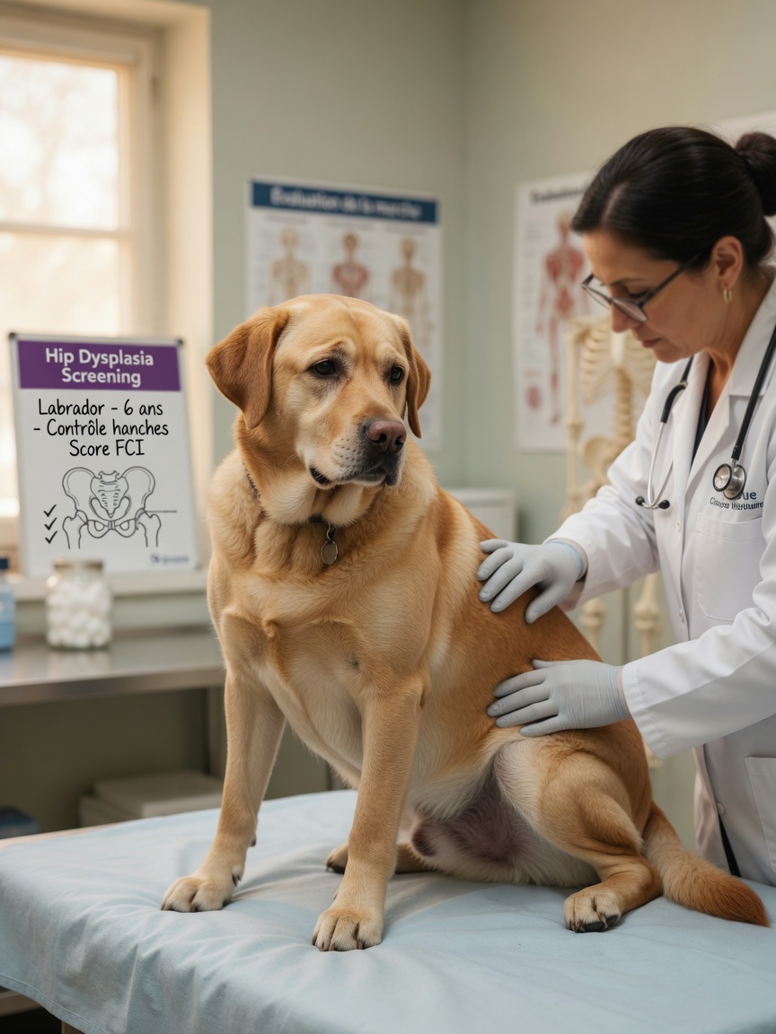 Labrador Retriever amarillo en examen veterinario con veterinario examinando la articulación de la cadera para detección de displasia