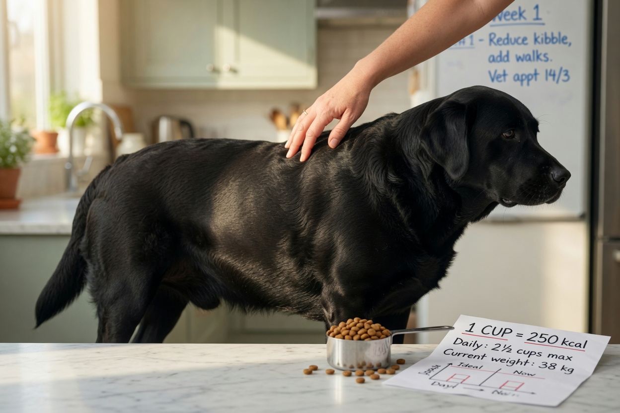 Labrador Retriever nero in sovrappeso in una cucina con porzioni di crocchette misurate per la gestione della dieta