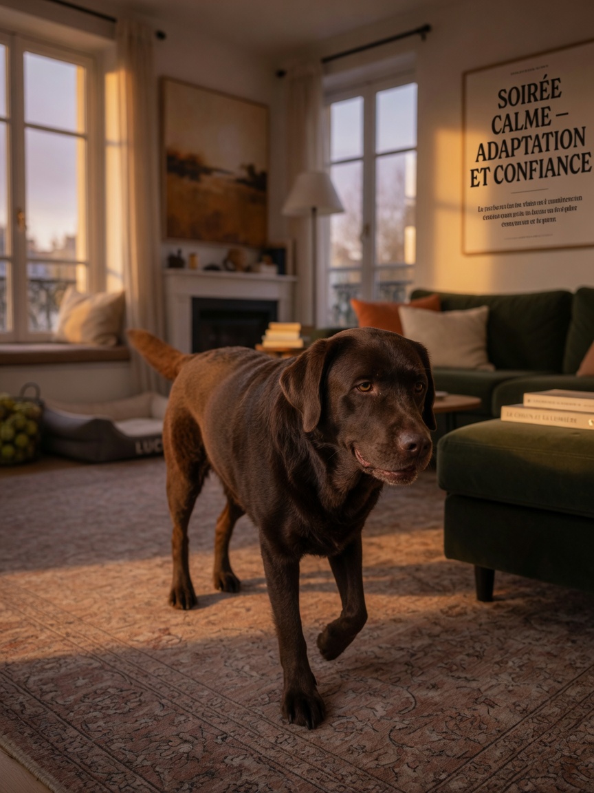 Labrador Retriever cioccolato che si adatta a condizioni di scarsa illuminazione al chiuso, dimostrando la perdita di vista dall'atrofia progressiva della retina